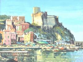 Olvashatatlan jelzéssel: Olasz tengerparti város kikötővel. Olaj, vászon. Fa keretben, 30×40 cm
