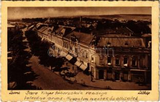 1941 Losonc, Lucenec; látkép, Redlinger, Cikta, Brüll üzlete, bank, zsinagóga. Redlinger saját kiadása / general view, shops, bank, synagogue (fl)