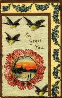 1911 To Greet You! Art Nouveau, floral, Emb. litho greeting card with swallows (apró lyuk / tiny pinhole)