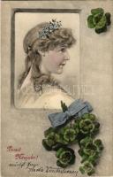 Prosit Neujahr! / New Year greeting card, lady and clovers. A.S.W. Serie 331.