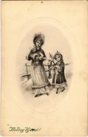 1913 Boldog Újévet! / New Year greeting card, lady and girl with toys. P.T.L. Art de Vienne No. 2101. (fl)
