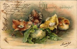 1900 Húsvéti üdvözlet! csibék / Easter greeting, chicken, litho (fl)