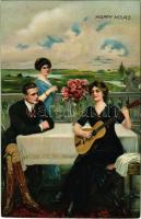Happy hours. Romantic couple art postcard, lady with guitar s: Clarence F. Underwood (vágott / cut)