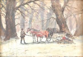 Németh György (1888-1962): Lovasszekér a hóban. Olaj, falemez, jelzett, sérült (repedezett), fa keretben, 17×24 cm