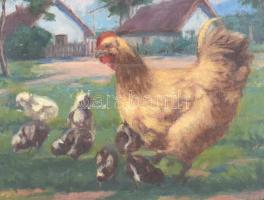 Olvashatatlan jelzéssel: Tyúkanyó a csibéivel. Olaj, karton, fa keretben,  42×50 cm