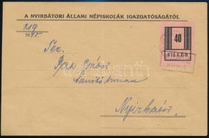 1945 Nyíregyháza I. 40f helyi levélen NYIRBÁTOR P.U. SZEKRÉNYBŐL bélyegzéssel (100.000) / Local cover with 40f franking