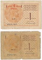 Szerb-Horvát-Szlovén Királyság 1919. 1D (2x), egyik piros 4K felülbélyegzéssel T:III,III-  Kingdom of the Serbs, Croats and Slovenes 1919. 1 Dinar (2x) one with red 4 Kronen overprint C:F,VG Krause#12,15