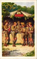 Foglalkozás után, kantin. Cserkész művészlap. R.J.E. 8007. / Hungarian boy scout art postcard, scout camp, canteen (EK)