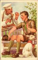 A cserkész takarékos. Cserkész levelezőlapok kiadóhivatala / Hungarian boy scout art postcard s: Márton L. (EK)