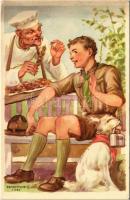 A cserkész takarékos. Cserkész levelezőlapok kiadóhivatala / Hungarian boy scout art postcard s: Márton L. (EK)