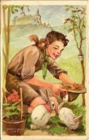 A cserkész szereti a természetet, jó az állatokhoz és kíméli a növényeket. Cserkész levelezőlapok kiadóhivatala / Hungarian boy scout art postcard s: Márton L. (fl)