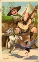 A cserkész vidám és meggondolt. Cserkész levelezőlapok kiadóhivatala / Hungarian boy scout art postcard s: Márton L. (fl)