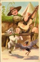 A cserkész vidám és meggondolt. Cserkész levelezőlapok kiadóhivatala / Hungarian boy scout art postcard s: Márton L. (fl)