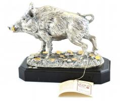 Gold Line vaddisznó szobor. Jelzett, Lorenzo Sandomar. Ezüstözött. Fa talapzaton. Leírással. 30x24 c...