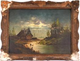 Olvashatatlan jelzéssel: Házikó. Olaj, karton, sérült..Sérült fa keretben. 35,5x49,5 cm