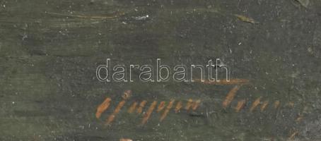 Olvashatatlan jelzéssel: Házikó. Olaj, karton, sérült..Sérült fa keretben. 35,5x49,5 cm