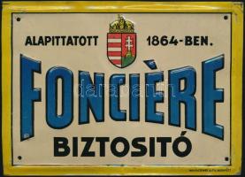 1930 A Fonciere Biztosító zománcozott fém táblája, magyar címerrel, kisebb kopásnyomokkal, 12,5×17 cm