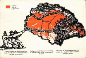 Az úgynevezett demarkációs vonal a román-cseh-szerb imperialisták kezében / The so-called Line of Demarcation in the hands of Romanian-Czecho-Serbian Imperialists. Hungarian irredenta art postcard s: Hollós (EK)
