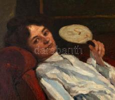 Berkes Antal (1874-1938): Hölgy legyezővel, 1905. Olaj, vászon, restaurált. Jelezve balra lent: Berk...