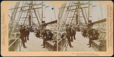 cca 1890 Az orosz Russia gőzös, többnyire kivándorlókat szállító hajó fedélzete, amerikai kikötőben, sztereófotó, 8,5×17,5 cm / Steamer Russia, deck view, stereophoto