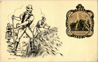 Munkács, Mukacheve, Mukacevo; Kaszáló parasztok, irredenta művészlap. Szeiler féle Patent fémplaketten / Reaper, irredenta art postcard s: Zsolt