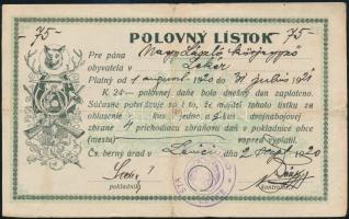 1920 Szlovák nyelvű magyarul, kitöltött papír alapú vadászjegy, a korábbi magyar grafikával díszítve lekéri (Felvidék) lakos részére, hajtott, ritka