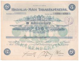 Mád 1926. Hegyalja-Mádi Takarékpénztár névre szóló, 5 részvénye egyben összesen 125P-ről, szelvényekkel, bélyegzésekkel és szárazpecséttel T:I-