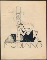 1930 Modiano cigaretta, eredeti reklámterv, tus, papír, jó állapotban, 24×19 cm / Modiano cigarette advertising draft, ink on paper, in good condition, 24x19 cm