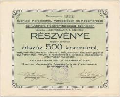 Szentes 1922. "Szentesi Kereskedől, Vendéglősök és Kocsmárosok Szíkvízgyára Részvénytársaság Szentesen" részvény 500K-ról, szelvényekkel, bélyegzéssel T:I-