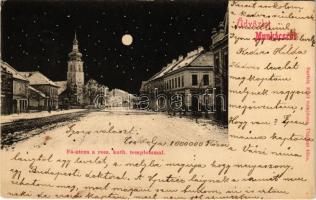 1899 (Vorläufer) Munkács, Mukacheve, Mukacevo; Római katolikus templom este télen, Fő utca. Bertsik Emil / main street, church, winter night