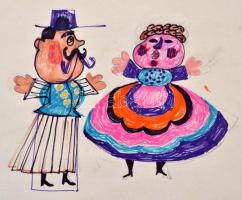 Ország Lili (1926-1978): Pár. Színes filctoll, papír,  paszpartuban, hagyatéki bélyegzővel, paszpart...