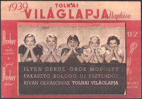 1939 Tolnai Világlapja Naptára, laponkénti külön reklámos naptár, kartonon, falra akasztható, jó állapotban, 52p