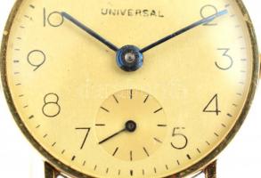 Universal női 14K aranyóra, fám szíjjal. Működő állapotban. d: 2 cm