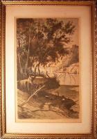 Zádor István (1882-1963): Tisza-parti táj, szignált rézkarc keretben 35x48 cm