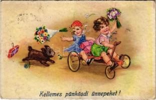1943 Kellemes Pünkösdi Ünnepeket! / Pentecost greeting card, children with dog (EK)