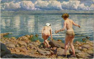 Badeliv ved Stranden / Badeleben / Au bain de mer / Surfbathing. Nude ladies at the beach, slightly erotic art postcard. Alex. Vincents Kunstforlag Malerieserie Nr. 42. s: Paul Fischer (fl)