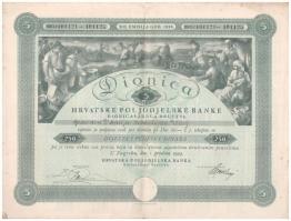 Jugoszlávia / Zágráb 1929. Horvát Földhitel Bank öt darab névre szóló részvénye egyben összesen 250D-ról, szelvényekkel, szárazpecséttel T:II- fo.