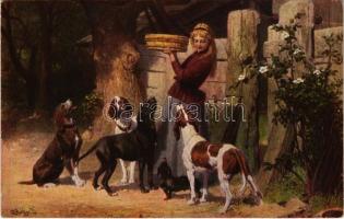 Weidmanns Töchterlein / Lady with dogs art postcard. Kunst im Bild Nr. 71. s: Q. Becker