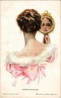 Looking Backward. Lady art postcard. Reinthal & Newman No. 400. s: Harrison Fisher (Rb)