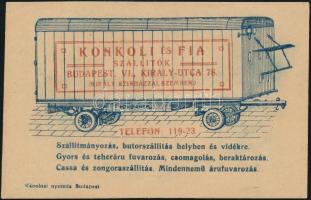 1922 Konkoli és fia szállítók reklámkártya, hátoldalán a tulajdonos aláírásával 14x9 cm