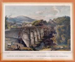 Ludwig Rohbock (1820-1883): Vaspályai híd Pozsony mellett/ Die Eisenbahnbrücke bei Pressburg. Színes acélmetszet. Üvegezett keretben. 11,5x16,5 cm