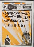 1990 Novo Seabirds, Blast, Ural Beat, Platzlinger és Keleti Fény együttesek a Fekete Lyuk alternatív zenei klubban, Botka Tibor grafikája, jó állapotban, 41×29 cm