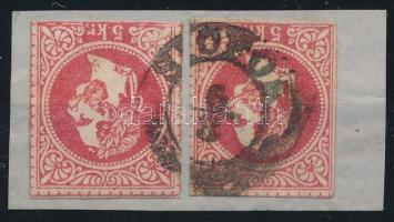 2 db 5kr díjjegy kivágás (vagy körbe vágott bélyeg), látványos érdekes darab "SIÓFOK", 2 x 5kr PS-cutting (or cut stamp) "SIÓFOK"