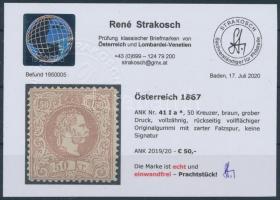 50kr barna, szép minőség, pici falcnyom Certificate: Strakosch 50kr brown, nice condition, small hin...