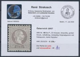 25kr barnáslila, eredeti gumi, szép szín Certificate: Strakosch 25kr brownish, with original gum. Ce...