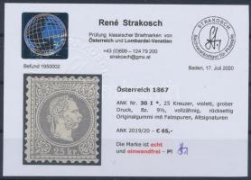 25kr ibolya, eredeti gumi, szép szín Certificate: Strakosch 25kr violet, with original gum. Certific...