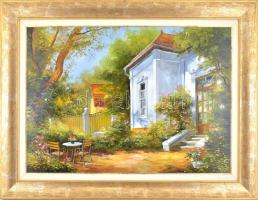 Fekete Zsolt (1964-): Belső udvar. Olaj, farost, jelzett, fa keretben. Hátoldalán Tak-Art Galéria cí...