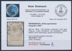 Newspaper stamp greyish brown, with bottom margin "HOLITSCH" Certificate: Strakosch Hírlap...