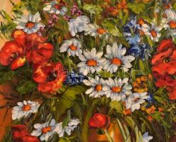 Simon Béla (1957-): Virágcsendélet. Olaj, farost, jelzett. Reprezentatív fa keretben. Hátoldalán zsű...