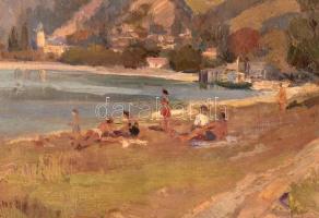Fejes Gyula (1895-1956): Strandolók Visegrádnál. Olaj, vászon, jelzett, restaurált. Kissé sérült fa ...
